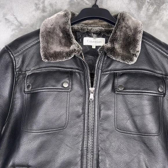Calvin Klein Bomber Jacket Black Faux Leather Faux Fur Lined Men's Size XL - Picture 1 of 13